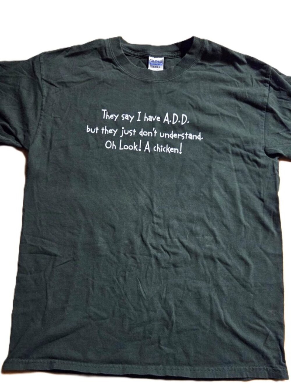 Vintage Y2K Gildan Forest Green Novelty Joke Slogan T-Shirt ~ Size L